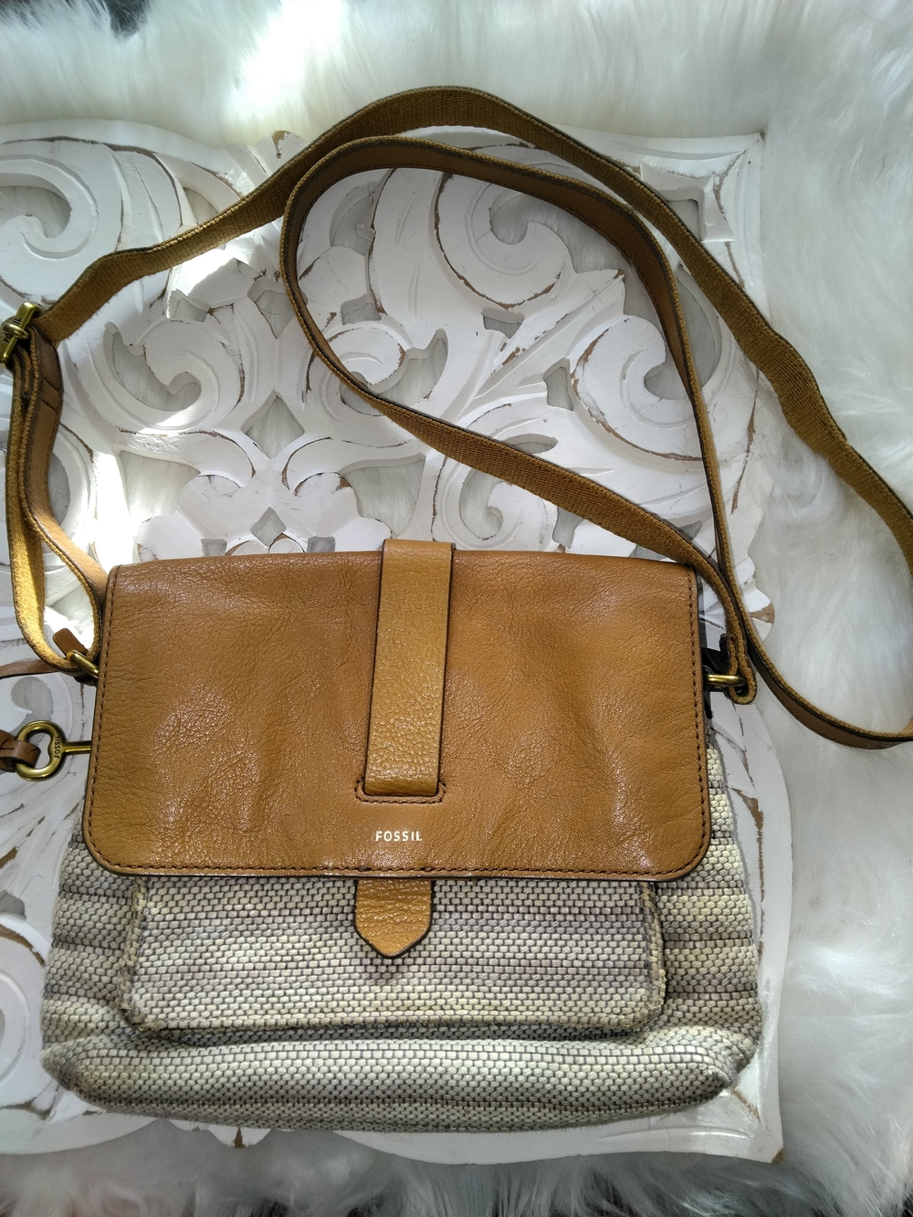 Fossil Tan Leather & Cream Crossbody Bag